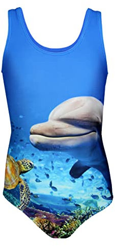 Aquarti Mädchen Badeanzug mit Ringerrücken Print, Farbe: Delphin/Blau/Grün, Größe: 134