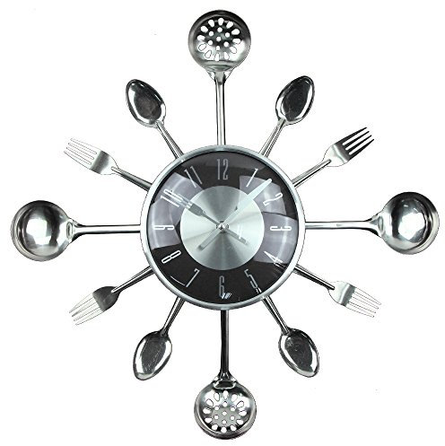 Timelike Küchenuhr mit Glas, Edelstahl 3D Löffel-Gabel-Besteck-Design, Abnehmbarer, Heimdekoration Besteck-Design Uhr Cutlery Kitchen Wall Clock