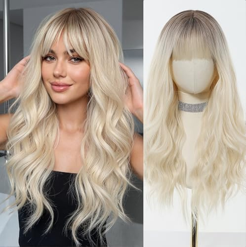 Esmee 26 Tum Lång Blont Peruk med Lugg Naturligt Syntetiskt Hår Ombre Blond Vågig Peruk med Mörka Rötterna för Kvinnor Vardag Fest Cosplay