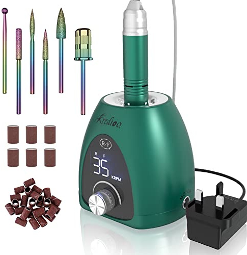 Kredioo Electric Nail Drill - Professional 35000RPM Nail Files for Acrylic and Gel Polish, Nail Drill Machine with Pause Button and LED Display, Salon/Home Use, 36W, Green
