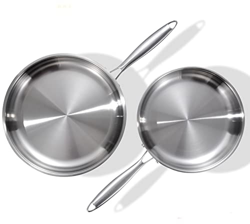 DELARLO Tri-Ply Stainless Steel Pan, 18/10 Frying Pan, Oven Safe Up to 600°F, Nontoxic Cookware, Compatible with All Cooktops Skillet, Durable, Fast Even Heat Fry Pan,10+12 inch Pan