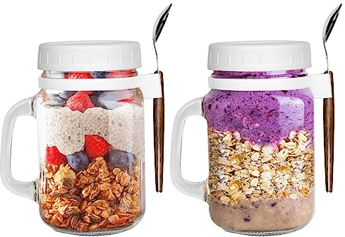 porlik Lot de 2 bocaux à yaourt Overnight Oats - 450 ml - Avec marques de mesure - Avec couvercle - Pour céréales On The Go - Gobelets à céréales à emporter avec cuillère (blanc)