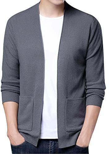 Duohropke Cárdigan de punto fino para hombre con cuello en V y tira de botones, chaqueta de punto grueso, chaqueta de entretiempo, chaqueta cálida, corte ajustado, invierno otoño, gris, 3XL