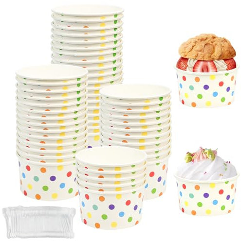 Kleemeiero 50 Stück Eisbecher aus Papier Mit 50 Stück Löffel 8oz/240ml Einweg-Kuchenbecher Eisschalen Pappe Pappschalen Dessertbechers für EIS, Dessert, Fingerfood, Joghurt