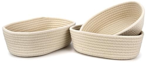 Spesh Cotton Rope Storage Baskets, Set of 3 Woven Shelf Baskets Oval Cotton Storage Boxes Empty Hampers Organiser Bins(White)