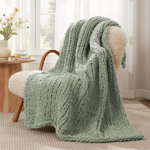 Amélie Home Chunky Knit Throw Blanket for Couch, Soft Chenille Crochet Blanket for Bed, 60x80, Sage Green