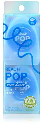 REACH POP Dental Floss, Mint, Plaque Remover for Teeth, Shred Resistant, Vegan Wax, Cruelty Free, Eco Friendly Packaging, Oral Care, PFAS Free, for Adults & Kids, 2 Pack, 54.6 yd