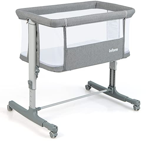 LIFEZEAL 3 in 1, culla regolabile in altezza a 5 livelli, culla con materasso, lettino da viaggio mobile su ruote con navicella, culla per bambini dalla nascita fino a 9 kg (grigio chiaro)