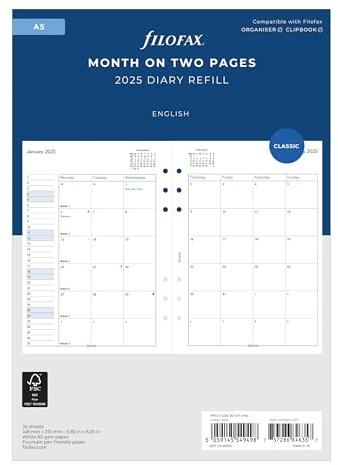 Filofax Calendar Diary Refill, A5 Size, Month-to-View, White Paper, English, 2025 (C68510-25)
