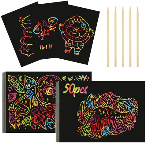 TYSM-CC Scratch Art per Bambini 50 Pezzi Carta da Grattare Arcobaleno, Magica Paper Notes and Craft Sets - Regalo