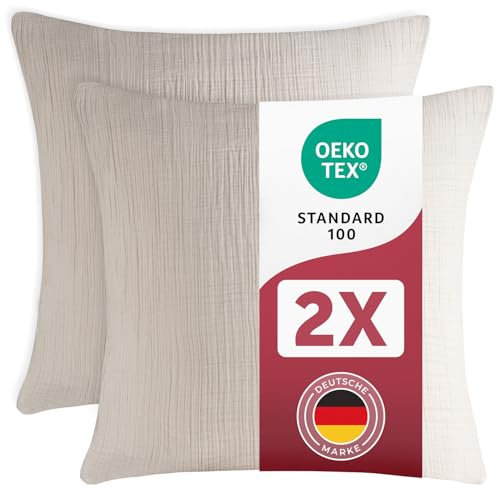 Blumtal Musselin Kissenbezug 80x80 cm 2er Set - Oeko-TEX zert. Kissenbezug Musselin aus 100% Baumwolle - extra weiches Kissen-Set waschbar bei 40 °C - atmungsaktive Sommer Kissenbezüge Grau