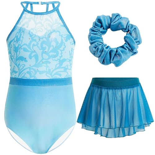 Gogokids gymnastikdräkt för flickor, 3-delad hållare, gymnastikdräkt för barn, med strass och nät, blomdesign, gnistrande balettdräkter, innehåller leotard, chiffongkjol och hårband,