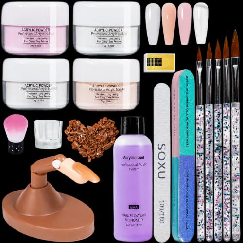 CENBEII Kit d'ongles en acrylique : 120 g de poudre à ongles acrylique – 4 couleurs nude rose blanc transparent – 75 ml de liquide acrylique et doigt d'entraînement avec embouts remplaçables pour les