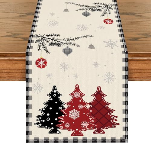 Christmas Table Runner 230x33cm, White Modern Christmas Decorations With Snowflake Pine Tree, Linen Xmas Table Runner For Holidays Dining Room Living Kitchen Table Decorations