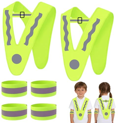 Henjunu 2 Gilet di Sicurezza Riflettente + 4 Bracciale Riflettente,Gilet Catarifrangente per Bambino Adulto,Giubbotto di Sicurezza,Collare di Sicurezzas Gilets di Sicurezzas a V Giallo