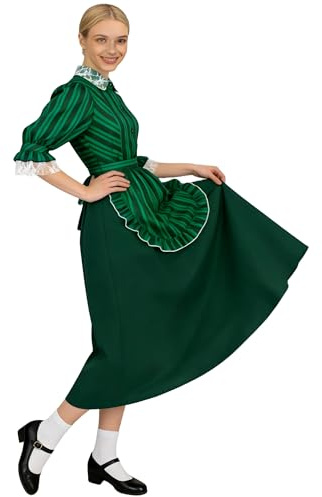 ANDHOM Conjunto de disfraz de sirvienta victoriana, rayas verdes, traje de 3 piezas con cuello de encaje, uniforme tradicional de limpieza (S)