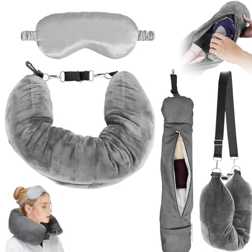 WENHUIHAO Cuscino da Viaggio Riempibile, Imbottibile con Maschera, Cuscino Cervicale Imbottito con Vestiti, Multifunzionale a Forma di U Collo da Viaggio per Viaggiare in Auto o in Aereo