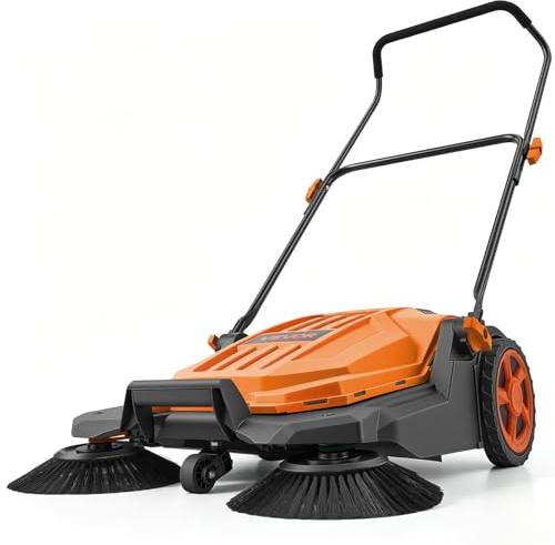 VEVOR Barredora Manual, Ancho de Barrido de 650 mm, Barredora de Empuje con Cepillos Laterales, Depósito de 18,9 L, Mango Ergonómico y Plegable, para Limpieza de Jardín Patios Aceras, Color Naranja