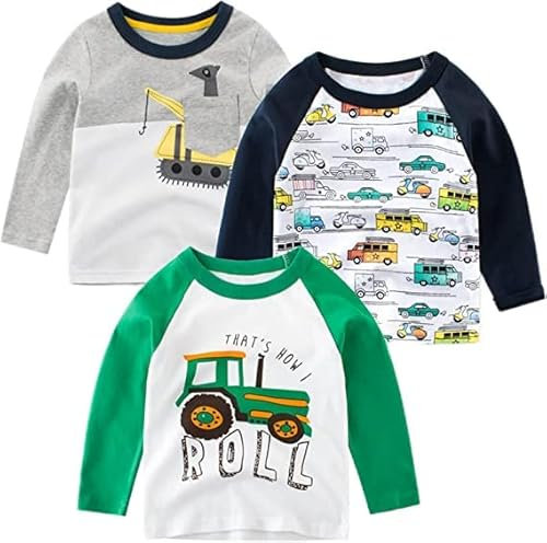 Toddler Boys 3 Pack Long Sleeve Shirts 100% Cotton Dinosaur Excavator Police Car T-Shirts (Set A, 3 Years)