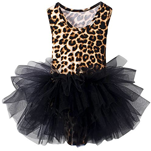 TiaoBug Mädchen Ballettkleid mit Tutu Tütü Tank Top Träger zu binden verstellbar Sport Tanz Ballett Body Trikot Ballettanzug mit Tüllrock Ballettkleidung Kleider für Kinder Leopard 110-116