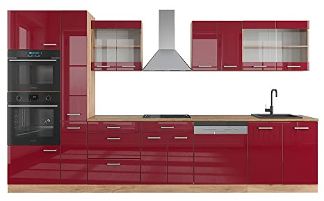 Vicco Küchenzeile R-Line, Rot Hochglanz/Goldkraft Eiche, 350 cm mit Hochschrank, ohne Arbeitsplatte, zur individuellen Erweiterung und flexiblen Anordnung geeignet