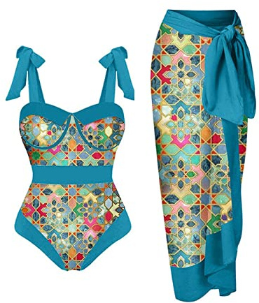 LAOSU Maillot De Bain Femme 1 Pieces avec Paréo,D'Été Maillot De Bain Scintillant,Maillot De Bain Une Piece Short,Tankini Femme avec Armature,Maillot De Bain Grande Taille,Burkini Livraison Rapide