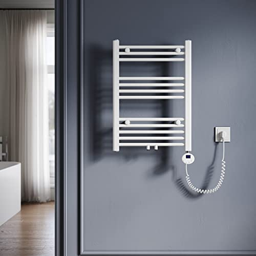 SONNI Badheizkörper Elektrisch mit Thermostat 700x500 mm Weiß Handtuchtrockner Mittelanschluss Oval Handtuchwärmer für Bad Heizung 400W