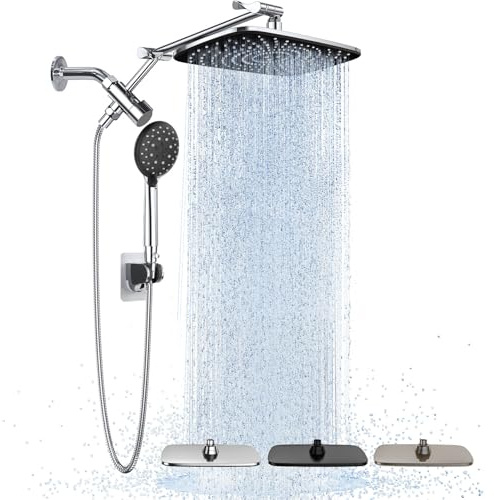 Veken Wide High Pressure Rain Shower Head with Handheld, Handheld Shower Heads with Multi Spray Modes, Rainfall Combo with 15 Metal Extension Arm,Detachable Dual Shower, Bathroom Decor,Chrome Silver