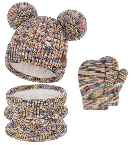 Bequemer Laden Bebe Niños invierno Gorro Termicos Pompon Bufanda Guantes Conjunto Manoplas con Forro Polar para 0-4 Años Regalo para Niñas Niños