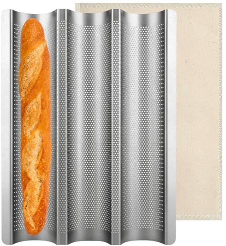 Padella per baguette antiaderente per baguette, 3 pagnotte per pane francese, vassoio per il pane con panno spesso per lievitazione per impasto, teglia per pane a pasta naturale, per stampaggio da