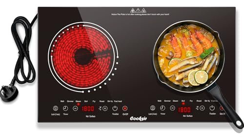 Cooksir Double Ceramic Hob, Plug in Electric Hob 60CM, Built-in or Portable with Rubber Feet, Individual Touch Control, Horizontal Cooktop, Safety Lock, Timer, Infrared Heating for All Type Pot, 230V