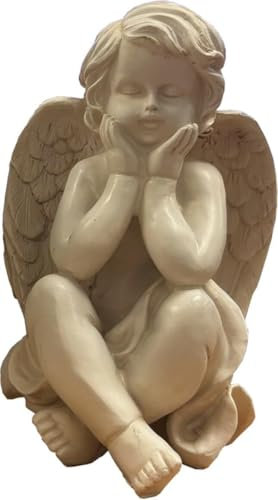 Memorial Angel Figure White Resin Angels Cherub Statue Ornament Polyresin Beautiful Garden Grave Decoration 20cm Sculpture Figures (Sitting Angel)