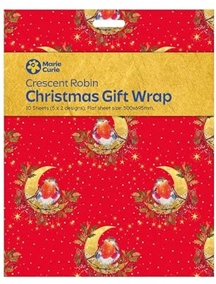 Marie Curie Charity Crescent Moon Robin Christmas Gift Wrap Wrapping Paper, 10 Sheets, 2 Designs