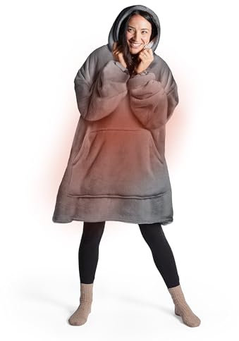 Silentnight Heat Genie Self Heating Oversized Hoodie - Soft Sherpa Fleece Hoodie with Unique Foil Layer to Retain Heat - Warm Cosy Hooded Giant Wearable Blanket Hoody Throw - Grey
