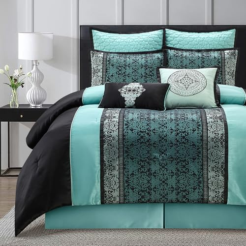 LANCO MODERN LIFESTYLE Queen Size Comforter Set, Aqua Black, Traditional Jacquard Woven with Embroidery, 8 Pieces Bedding Set with Bed Skirt, Shams, and Decorative Pillows