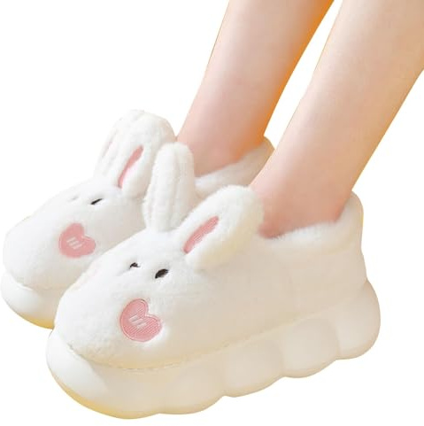 Pantofole da donna a forma di coniglio, pantofole per animali domestici, pantofole calde da donna, scarpe a nuvola, suola spessa, calde per ospiti, pantofole in peluche, bianco, 38/39 EU