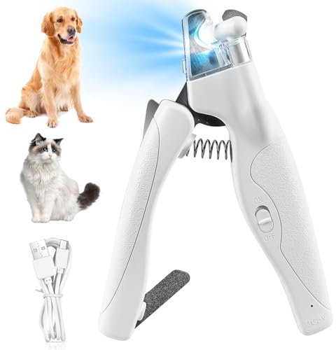 GOMETY Profi LED Hunde & Katzen Nagelknipser: Ergonomischer Griff, Sicherheitsverriegelung, für Mittlere & Kleine Haustiere (Transparent/Silber)