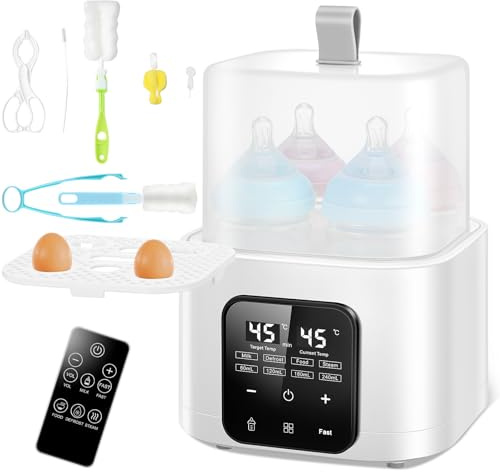 Baby Bottle Warmer, 6-in-1 Baby Bottle Sterilizer with Digital LED and Temperature, Fast Heating for 4 Bottles, Breast Milk Defrost, Baby Food Heater with Auto Shut-Off, Requires Water, 48H Keep Warm