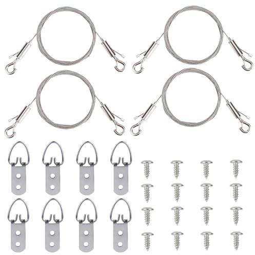 Justerbart Bildupphängningswirkset, 23kg Bärkraft Kraftigt Upphängningsset Inklusive 4 Justerbara Wires 8 D-ringar & 16 Skruvar för Upphängning av Inramade Speglar Canvas Väggkonst