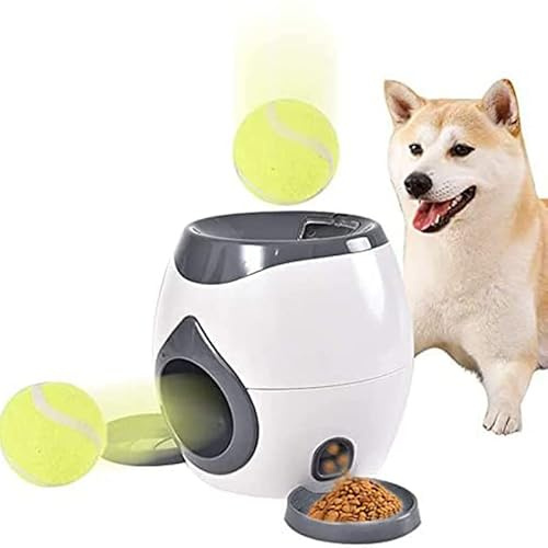 WLFRHD Automatic Dog Ball Launcher, Interactive Tennis Ball Machine with 2 Balls, Feeding Flat Tray, Food Reward Machine, Heavy Duty, Grey, No Charging Needed