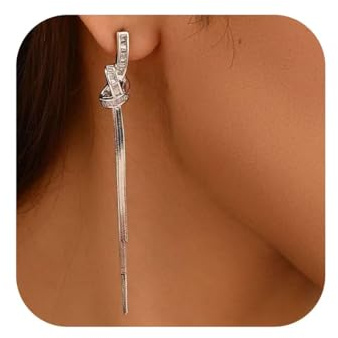 18K Gold/Silver Plated Dangle Earrings for Women Sparkly Rhinestone Long Tassel Dangle Earrings Dainty Long Hanging Chain Earrings Wedding Party Prom Earrings (Silver)
