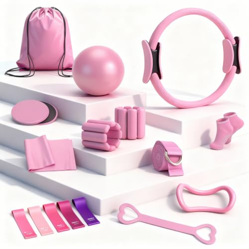 Pilates-set, 14 st rosa pilates-set för hem, komplett utrustning | Med pilatring, boll, strumpor, justerbara handledsvikter, motståndsband – styrka träningsutrustning och yogaset
