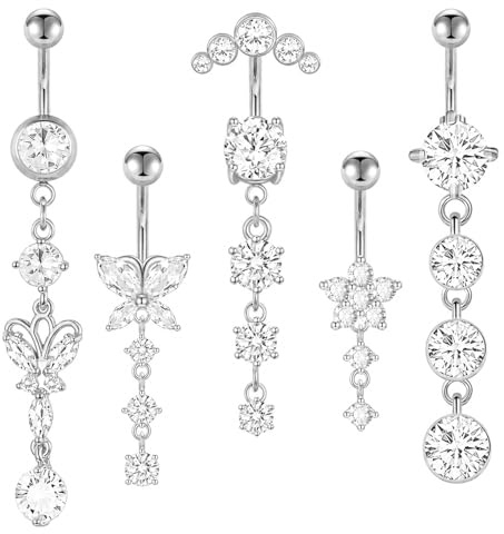 5 st Navelpiercing Hängande, Navelpiercing Set i Rostfritt Stål, Piercingsmycken med Hjärta och Rosett för Kvinnor och Flickor (Silver)
