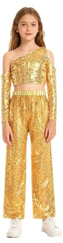 Riismen Costume Danza Jazz Bambine Con Spaghetti Strap E Sequins Top Corto Una Spalla Con Frange E Pantaloni In Sequins Brillanti Corrispondenza Oro 7-8 anni