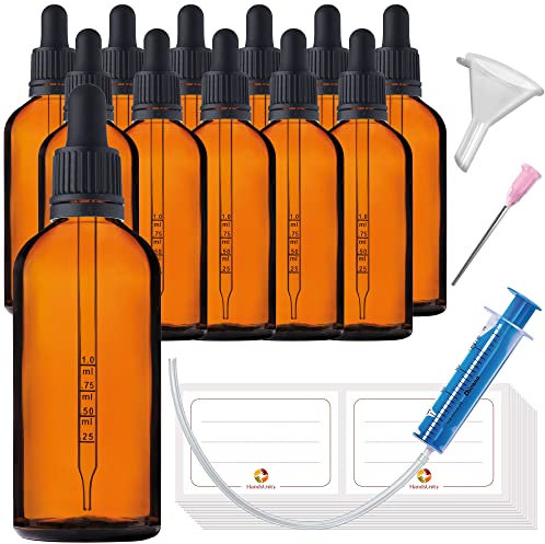HandsUnity 100ml-12pcs Flacon Pipette Petit - Bouteilles en Verre de Pharmacie Marron Comprenant 17 Accessoires