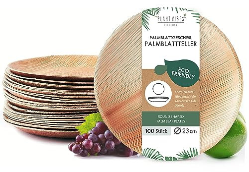 Plantvibes natürliche Palmblattteller edel & umweltfreundlich unser stilvolles Palmblattgeschirr ist 100% kompostierbar Einweggeschirr aus Palmblatt, Palmblätter als Einwegteller, 100 edle, Holzfarbe