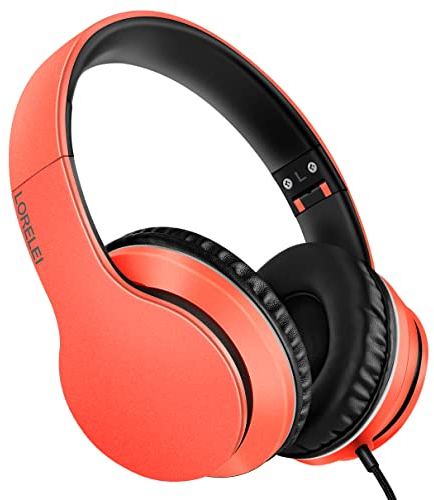 LORELEI X6 Casque supra-auriculaire filaire avec microphone, léger, pliable et portable, avec basses stéréo sans nœuds de 1,45 m pour smartphone, tablette, MP3/4 (Vitality Orange)