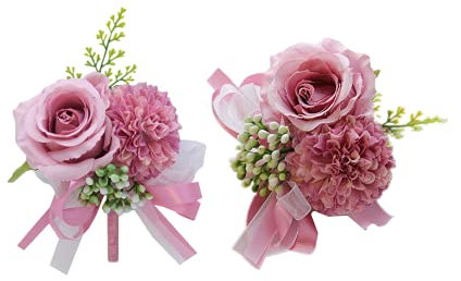 Rikyo Set di 2 bouquet da polso con fiori artificiali da 7,6 cm, bouquet da polso con garofano e rose artificiali da uomo, set di fiori di seta per matrimoni, accessori per abiti da ballo (viola)