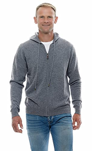 UGHOLIN Cardigan à Capuche 100% Cachemire – Gilet Hoodie Zippé Homme L Gris