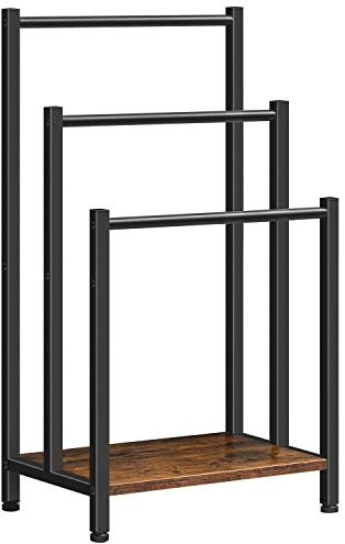 HOOBRO Free Standing Towel Rack, 3 Tier Blanket Rack, Blanket Holder for Bathroom, 16.9 L x 11 W x 31.9 H, Industrial Metal Drying and Display Rack with Shelf, Rustic Brown and Black BF03LB01